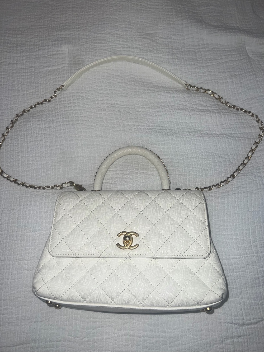 CHANEL Caviar Quilted Small Chain Coco Handle Flap White